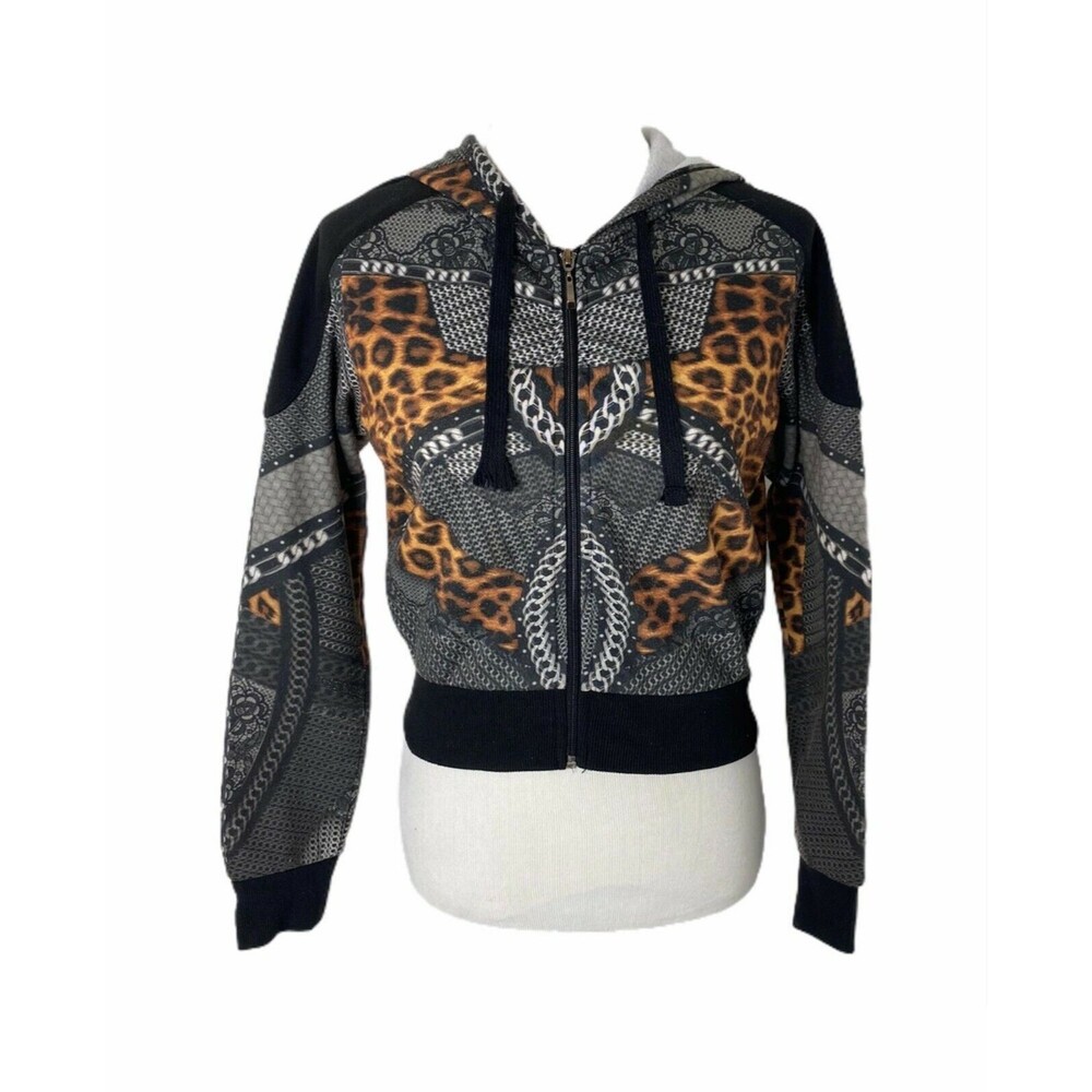 Redfox Girl's Hoodie Black Grey and Gold Multi Pattern Full Zip Size Large